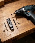 Rock Solid Aluminum Alloy Pocket Hole Jig No Fuss Drill Guide Tool with drill and accessories on wooden surface.