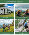 4 images featuring an RV, camping scene, hikers, and rock climbers in outdoor settings for the 5 In 1 Rechargeable Oxygen Monitor With CO And O2 Readouts, Temperature, Humidity And Atmospheric Pressure, Portable Oxygen Meter With Alarm And Color Backlight For Home, Camping, RV And Travel.