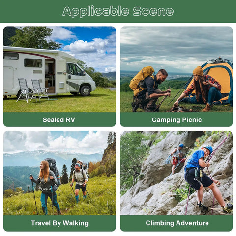 4 images featuring an RV, camping scene, hikers, and rock climbers in outdoor settings for the 5 In 1 Rechargeable Oxygen Monitor With CO And O2 Readouts, Temperature, Humidity And Atmospheric Pressure, Portable Oxygen Meter With Alarm And Color Backlight For Home, Camping, RV And Travel.