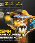 Diagram of 20V Cordless Tire Inflator And Air Compressor With 160 PSI showing large cylinder brushless motor and LCD display