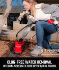 Heavy Duty One Half Horsepower Submersible Water Utility Transfer Pump With 25 Foot Lay Flat Hose in use for yard drainage.