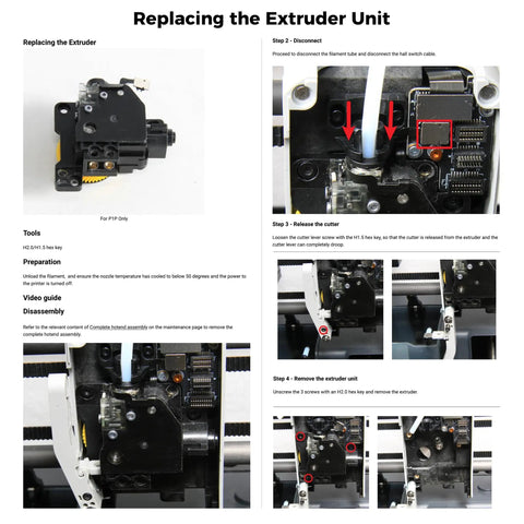 Instructional guide for replacing P1 Extruder Unit With Dual Gear For P1P P1S 3D Printer, showing disassembly steps and tools.