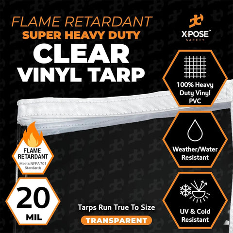Heavy Duty 8x12 Clear Vinyl Tarp Fire Retardant 20 Mil Waterproof PVC Tarpaulin With Brass Grommets feature icons