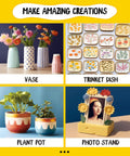 Collage showing pottery creations with Air Dry Clay Kit For Adults And Beginners Pottery Starter Set With Tools And Step By Step Guide No Kiln Needed Easy DIY Craft For Date Night Art Hobby Gift Safe Non Toxic And Fun: vase, trinket dish, plant pot, photo stand.