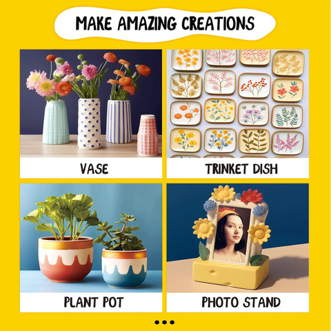 Collage showing pottery creations with Air Dry Clay Kit For Adults And Beginners Pottery Starter Set With Tools And Step By Step Guide No Kiln Needed Easy DIY Craft For Date Night Art Hobby Gift Safe Non Toxic And Fun: vase, trinket dish, plant pot, photo stand.
