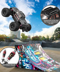 1/20 Scale Brushless RC Car With Dual 2S LiPo Batteries, High Speed 45KMH All Terrain 4x4 Off Road Buggy jumping at skate park