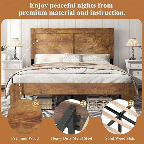 Rustic King Size Wooden Platform Bed Frame With Tall Headboard Open Horizontal Bar Design Natural Wood Grain Farmhouse Bedroom Foundation Built Different For Total Sleep Vibes, showing premium wood and heavy-duty metal steel.