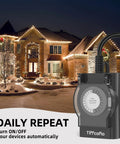 Outdoor Weatherproof Timer Outlet With 24 Hour Mechanical Light Timer, 2 Grounded Outlets For Home And Garden shown with lit house