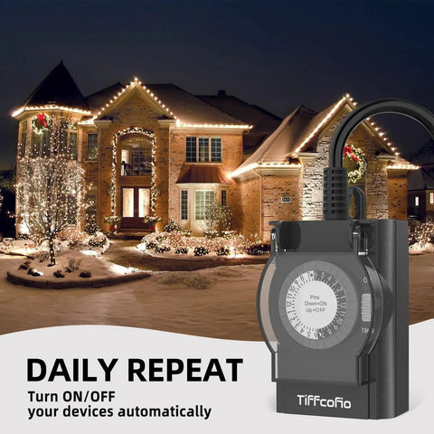 Outdoor Weatherproof Timer Outlet With 24 Hour Mechanical Light Timer, 2 Grounded Outlets For Home And Garden shown with lit house