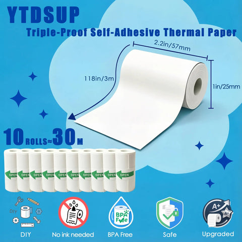 10 Rolls Mini Thermal Printer Paper 57x25mm Self Adhesive Triple Proof BPA Free Waterproof Coated Refill For Kids Instant Cameras AI DIY Pocket Printers High Definition Dope Quality Sticker Paper, 10 rolls