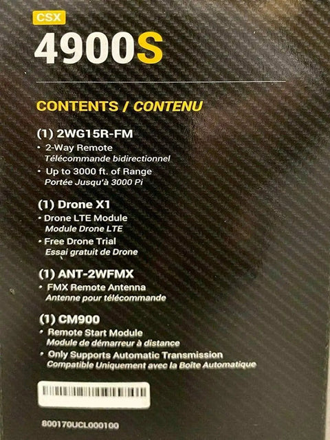 Box contents of 4 Button 2 Way Remote Start System With Drone X1LTE, 3000 Ft Range, Smartphone Control, Water Resistant.