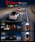 Graphic showcasing Triple Channel Dash Cam For Cars With 4K Front, 2K Interior And 2K Rear Footage, 170° front wide angle.