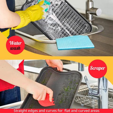 Cleaning Reversible Cast Iron Grill Pan For Stovetop, 17 By 9.8 Inch Dual Sided Griddle in sink with water and scraper
