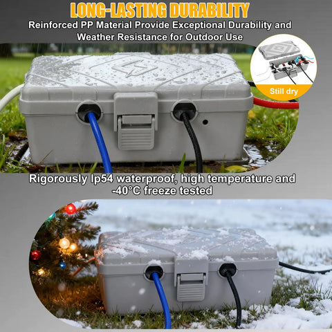Medium Grey Weatherproof Outdoor Electrical Box IP54 Waterproof Extension Cord Cover on wet grass, showing durability.