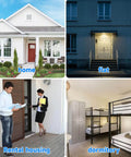 Collage of home, flat, rental housing with two people, and dormitory with bunk beds, showcasing various living spaces.