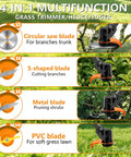 Image showing 4-in-1 functions of 21V Cordless Weed Wacker With Adjustable Pole for grass trimming and yard cleanup.
