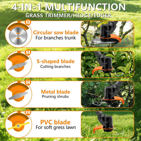 Image showing 4-in-1 functions of 21V Cordless Weed Wacker With Adjustable Pole for grass trimming and yard cleanup.