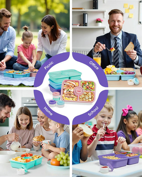 4 Compartment Bento Snack Box with Lids 1100ml for meal prep in various settings including picnic, office, and school.