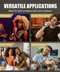 Collage of people using Rugged Dynamic Vocal Microphone For Singing And Live Performance Cardioid Studio Mic with instruments.