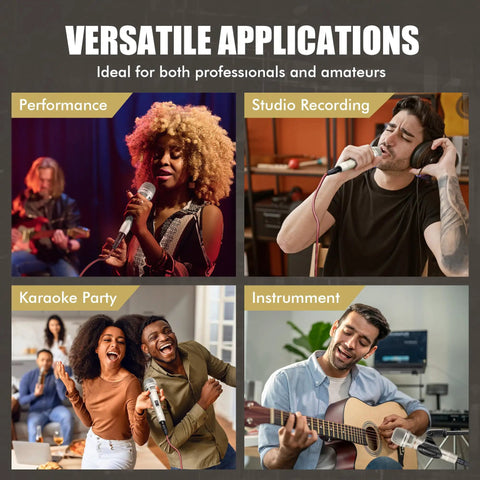 Collage of people using Rugged Dynamic Vocal Microphone For Singing And Live Performance Cardioid Studio Mic with instruments.