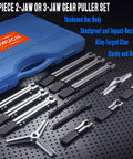 Gear Puller Set 6 In 1 Bearing Puller Kit 13 Piece With Two Jaw And Three Jaw Gear Pullers Reversible Jaws Pro Grade Heavy Duty Cr V Steel Pulley Flywheel Puller Tool For Bearing Gear Pulley Flywheel Removal in a blue case with components displayed on a perforated black surface.