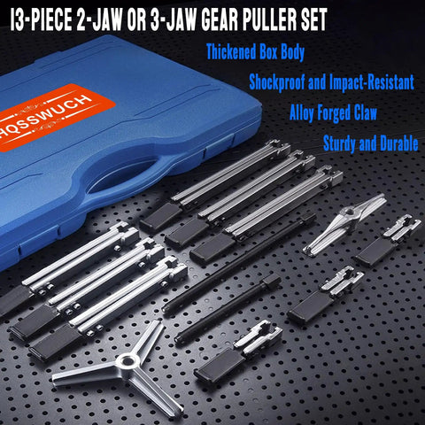 Gear Puller Set 6 In 1 Bearing Puller Kit 13 Piece With Two Jaw And Three Jaw Gear Pullers Reversible Jaws Pro Grade Heavy Duty Cr V Steel Pulley Flywheel Puller Tool For Bearing Gear Pulley Flywheel Removal in a blue case with components displayed on a perforated black surface.