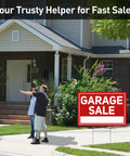 Six Pack Garage Sale Signs With Stakes Set Includes Two Large 17x12 Signs And Four Arrow 17x6 Signs, Metal Stakes, Double Sided Waterproof Design, Yard Sale Supplies For Maximum Visibility And Easy Customer Turnout. Red garage sale sign in front of house