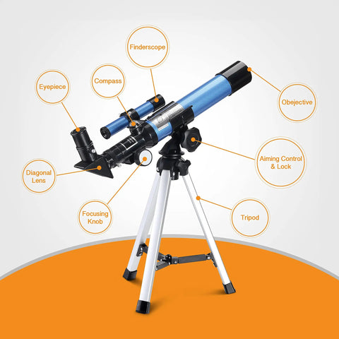 Portable Telescope For Kids And Astronomy Beginners 40 By 400 With Tabletop Tripod And Two Eyepieces Finderscope Compass Space Gift For Stargazing For Night Sky Observation blue telescope on tripod with eyepiece and compass