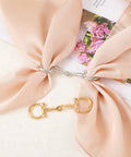 Two Piece Horse Bit Buckle Set Silk Scarf Buckle Ring displayed on peach silk scarf with gold and silver buckles