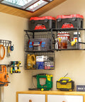 Installed Heavy Duty Garage Wall Shelf With Wire Baskets, Tool Rack And Hooks, wall-mounted storage for organizing tools and supplies.