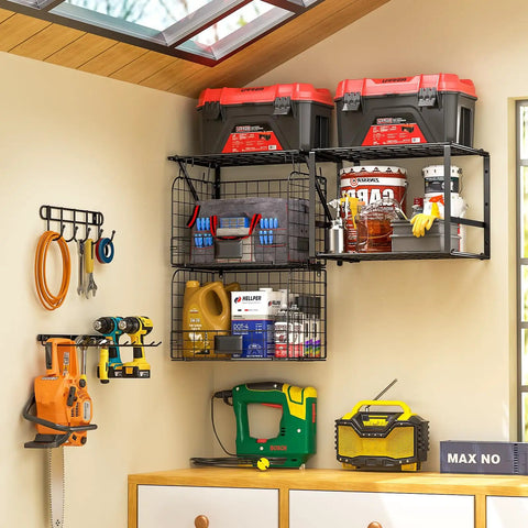 Installed Heavy Duty Garage Wall Shelf With Wire Baskets, Tool Rack And Hooks, wall-mounted storage for organizing tools and supplies.