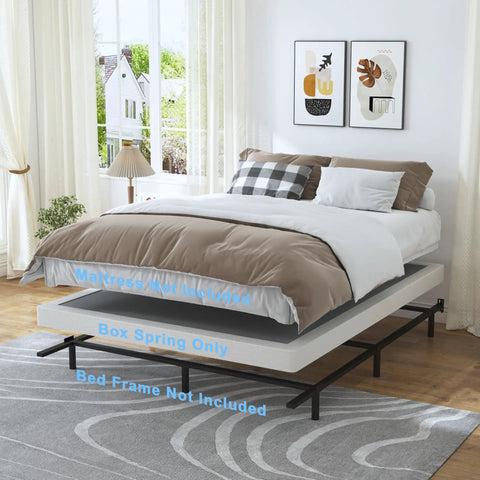 Rock Solid Heavy Duty 3 Inch Low Profile Full Size Box Spring Replacement Mattress Foundation on a bed setup, designed for foam beds.