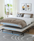 Heavy Duty Queen Box Spring Low Profile Bed Base featuring reinforced steel support slats in a stylish bedroom setting.
