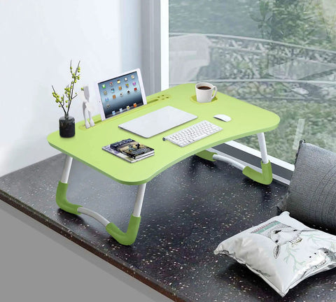 Foldable Laptop Desk Bed Table Portable Lap Tray in green on window seat with tablet and keyboard