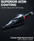 Beefy Pro Grade Step Drill Bit For Metal With M35 Cobalt Coating And Spiral Flute Unibit One Quarter Inch To Three Quarter Inch AlTiN Wear Resistant One Quarter Inch Hex Shank Cuts Stainless Steel Aluminum And Plastic EZARC, showcasing superior AlTiN coating and high-speed steel durability.