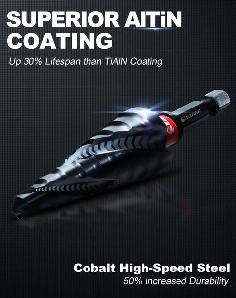 Beefy Pro Grade Step Drill Bit For Metal With M35 Cobalt Coating And Spiral Flute Unibit One Quarter Inch To Three Quarter Inch AlTiN Wear Resistant One Quarter Inch Hex Shank Cuts Stainless Steel Aluminum And Plastic EZARC, showcasing superior AlTiN coating and high-speed steel durability.