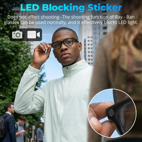 Man wearing glasses outdoors using LED Light Blocking Sticker Kit For Ray Ban Meta Gen 1 Gen 2 And Oakley Meta HSTN Eyewear