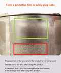Radiator Stop Leak Sealer And Conditioner Kit demonstration on metal mesh showing use and non-use areas with red and green boxes