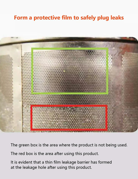 Radiator Stop Leak Sealer And Conditioner Kit demonstration on metal mesh showing use and non-use areas with red and green boxes