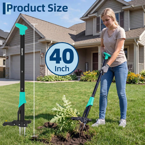 40 Inch Stand Up Weed Puller With 4 Claw Ejector Long Reach Garden Weeder For Easy Root Removal No Bending Kneeling Or Back Strain Effortless Dandelion Thistle And Crabgrass Removal, 40-inch steel stand-up weed puller in use on lawn