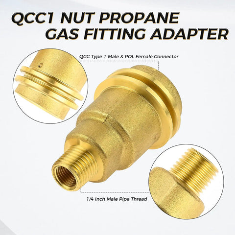 Propane Gas Fitting Adapters Kit Three Pack QCC1 Type One To One Quarter NPT Male brass adapter with detailed threads