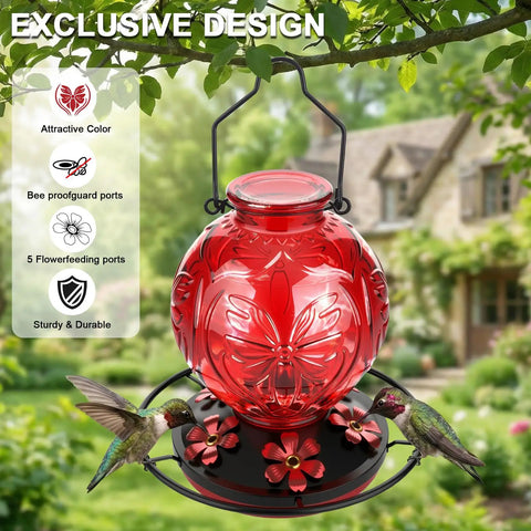 Outdoor Hummingbird Feeder 25 Oz With Perch And Five Flower Ports No Spill Nectar Feeder For Garden Decor Attracting Birds A Sweet Gift For Women Red in garden setting.