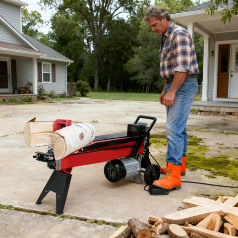 Heavy Duty 10 Foot Momentary Foot Switch Pedal Controller With 3 Prong Piggyback Plug For Power Tools in use with log splitter.
