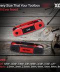 17 Piece Folding Allen Wrench Set With SAE And Hex Keys, red foldable design shown with size labels on wooden background