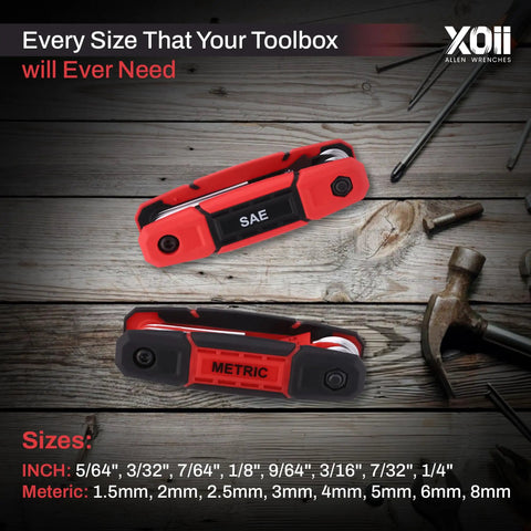 17 Piece Folding Allen Wrench Set With SAE And Hex Keys, red foldable design shown with size labels on wooden background