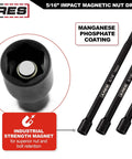 Three Piece Five Sixteenth Inch Magnetic Impact Nut Driver Bit Set, Six Inch Long, Impact Grade Nut Setters With Industrial Strength Magnets