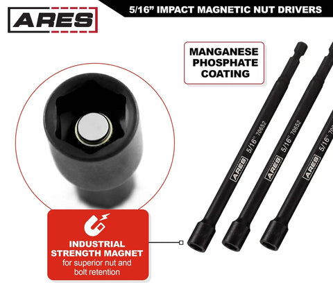 Three Piece Five Sixteenth Inch Magnetic Impact Nut Driver Bit Set, Six Inch Long, Impact Grade Nut Setters With Industrial Strength Magnets