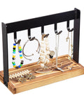Solid Five Hook Table Key Holder With Torched Wood Base And Rustic Industrial Countertop Rack Knocks Out Clutter with jewelry.