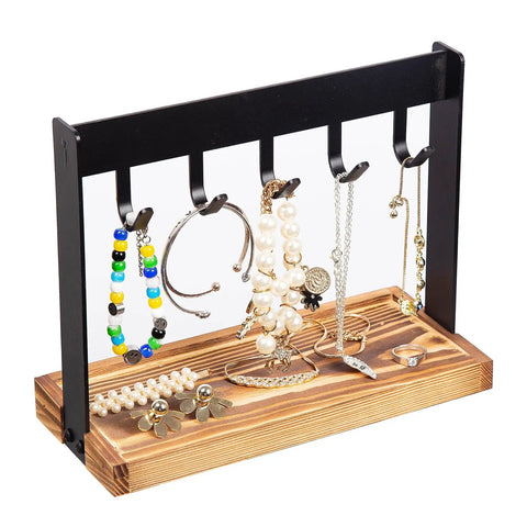Solid Five Hook Table Key Holder With Torched Wood Base And Rustic Industrial Countertop Rack Knocks Out Clutter with jewelry.