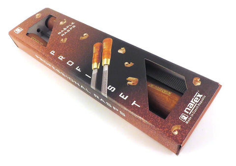 Three Piece 200 mm Cabinetmaker Wood Rasp Set With Round 8 mm, Rectangular 20 mm, And Half Round 20 mm Course Cut Rasps in packaging